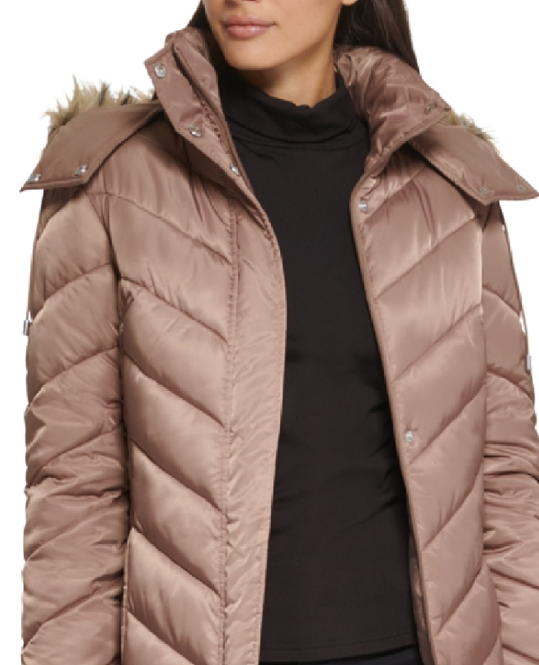 Casaco acolchoado com capuz e acabamento em pele sintética Kenneth Cole feminino, marrom, tamanho grande