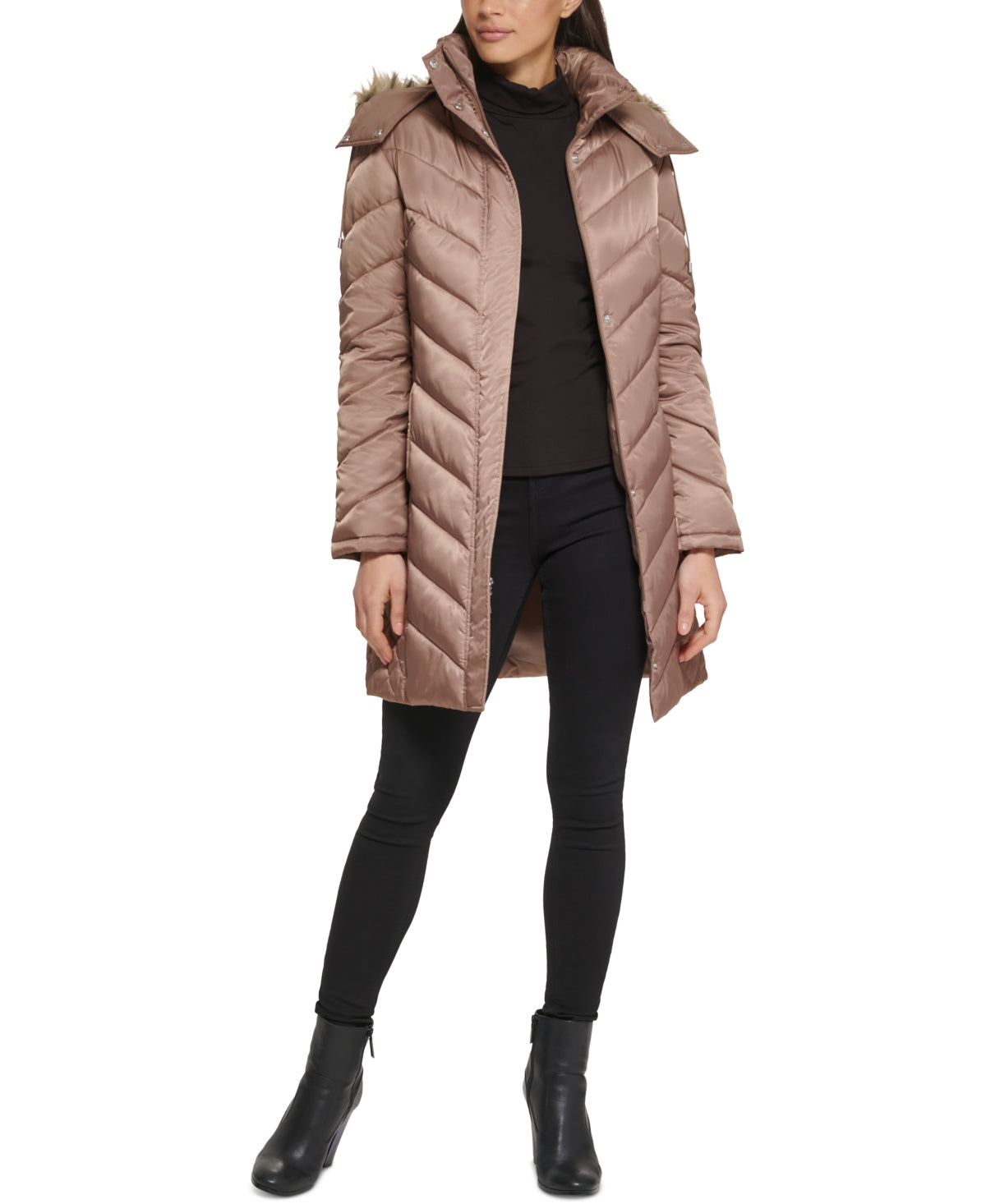 Casaco acolchoado com capuz e acabamento em pele sintética Kenneth Cole feminino, marrom, tamanho grande