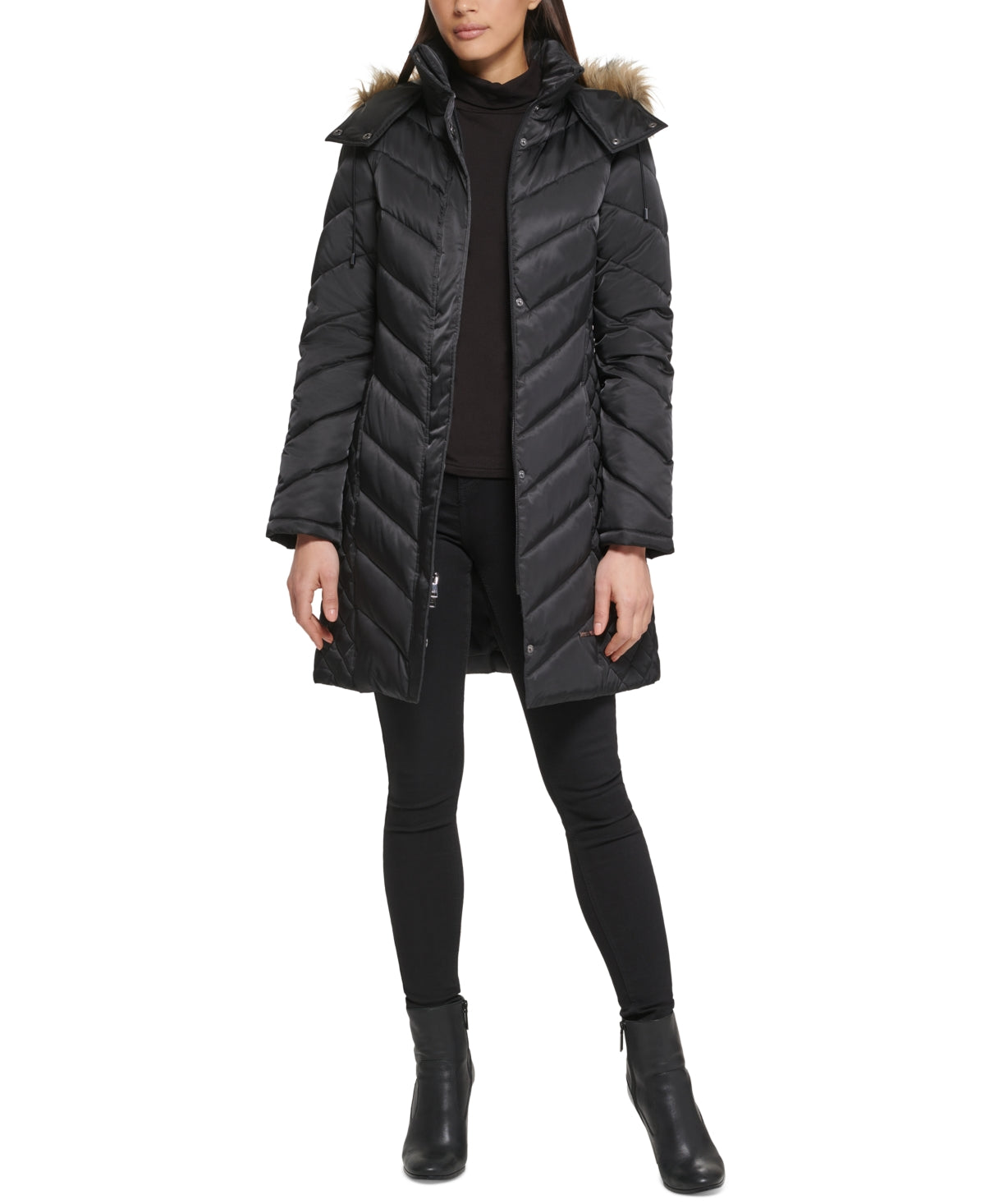 Casaco acolchoado com capuz e acabamento em pele sintética Kenneth Cole feminino, preto, tamanho grande