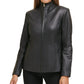 Jaqueta de couro feminina Cole Haan Wing Collar preta tamanho X-G