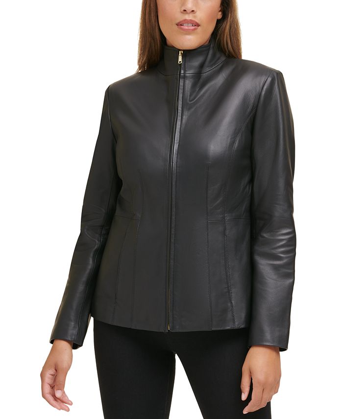 Jaqueta de couro feminina Cole Haan Wing Collar preta tamanho X-G
