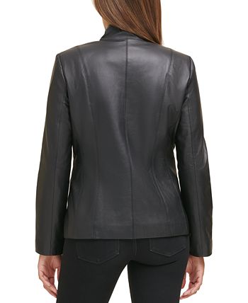 Jaqueta de couro feminina Cole Haan Wing Collar preta tamanho X-G