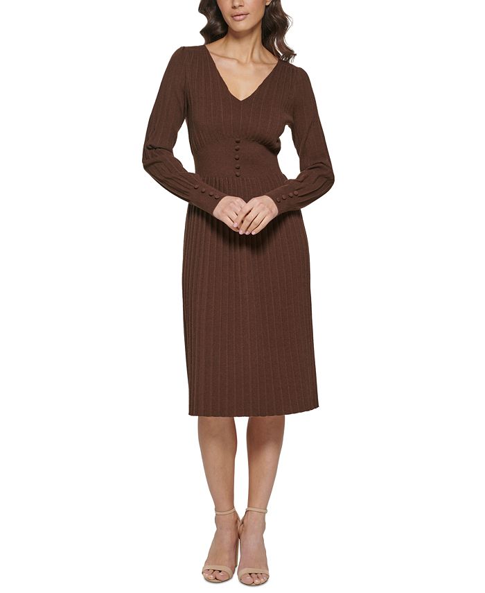 Vestido de malha Kensie feminino Pintuck manga comprida marrom tamanho médio