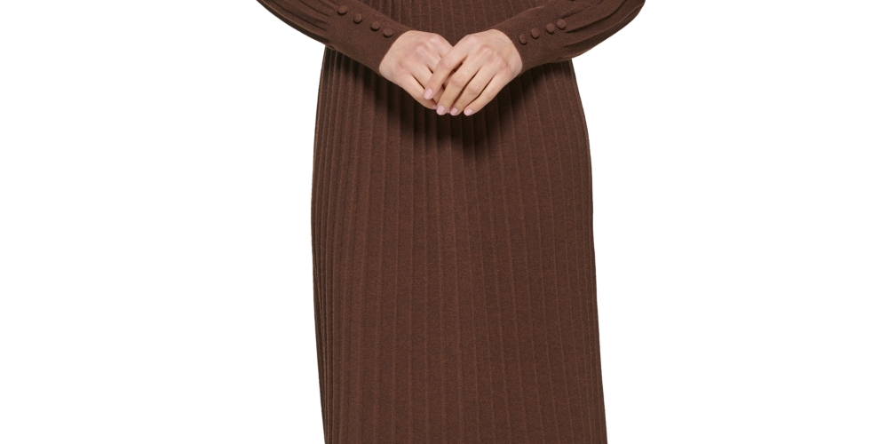 Vestido de malha Kensie feminino Pintuck manga comprida marrom tamanho médio