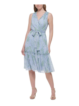 Vestido feminino Tommy Hilfiger com zíper, babados, cinto, floral, sem mangas, gola redonda, midi, tamanho 8