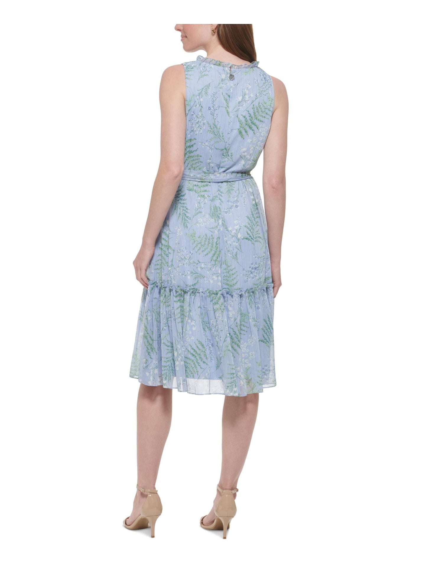 Vestido feminino Tommy Hilfiger com zíper, babados, cinto, floral, sem mangas, gola redonda, midi, tamanho 8