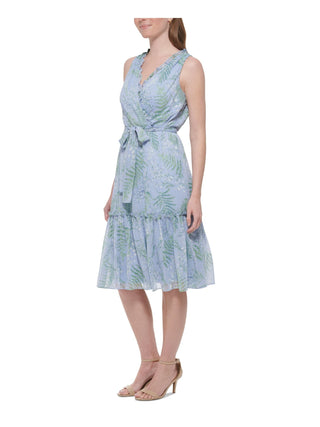 Vestido feminino Tommy Hilfiger com zíper, babados, cinto, floral, sem mangas, gola redonda, midi, tamanho 8