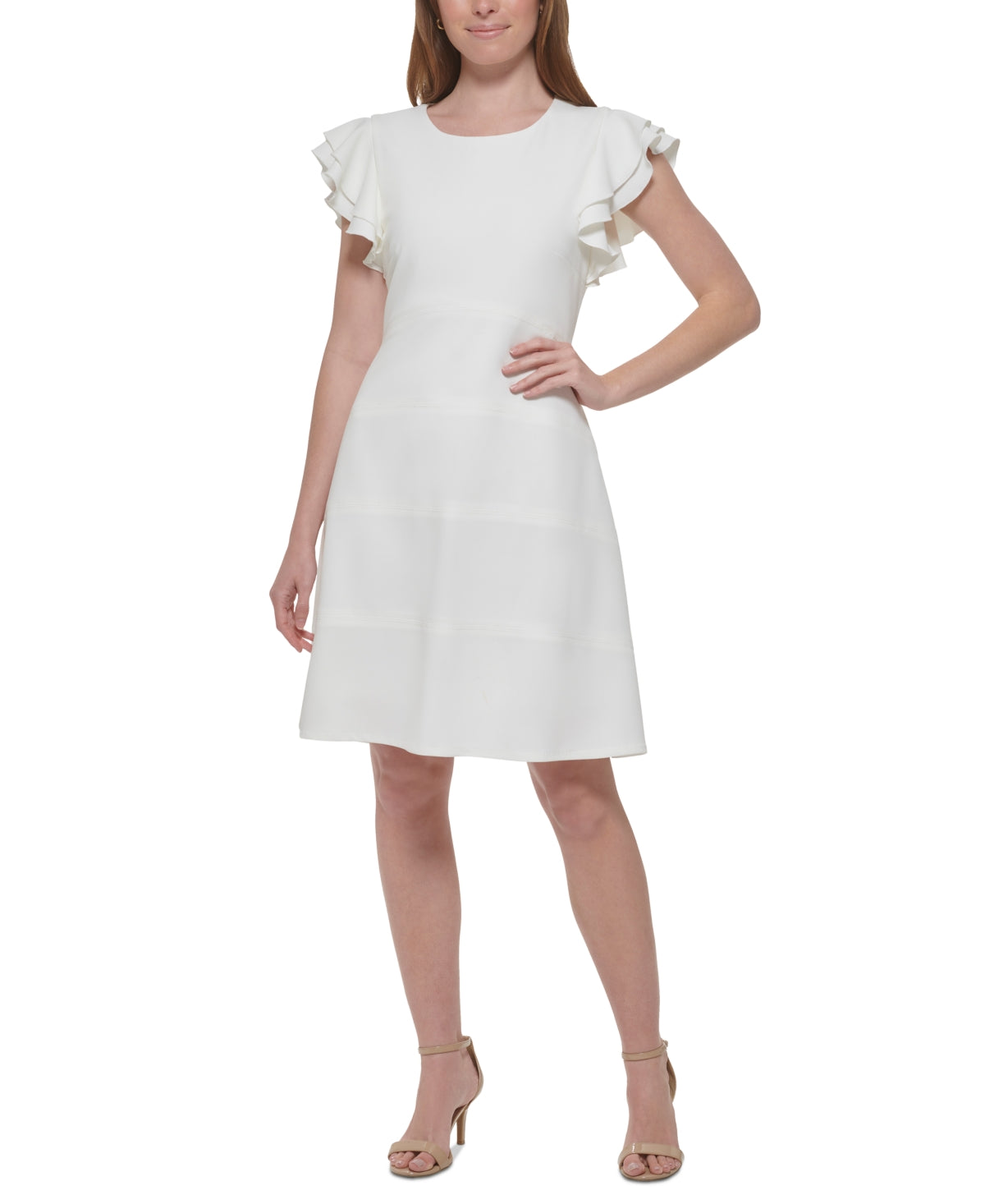 Vestido feminino Tommy Hilfiger com babados e mangas curtas, branco, tamanho 10