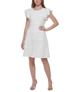 Vestido feminino Tommy Hilfiger com babados e mangas curtas, branco, tamanho 10