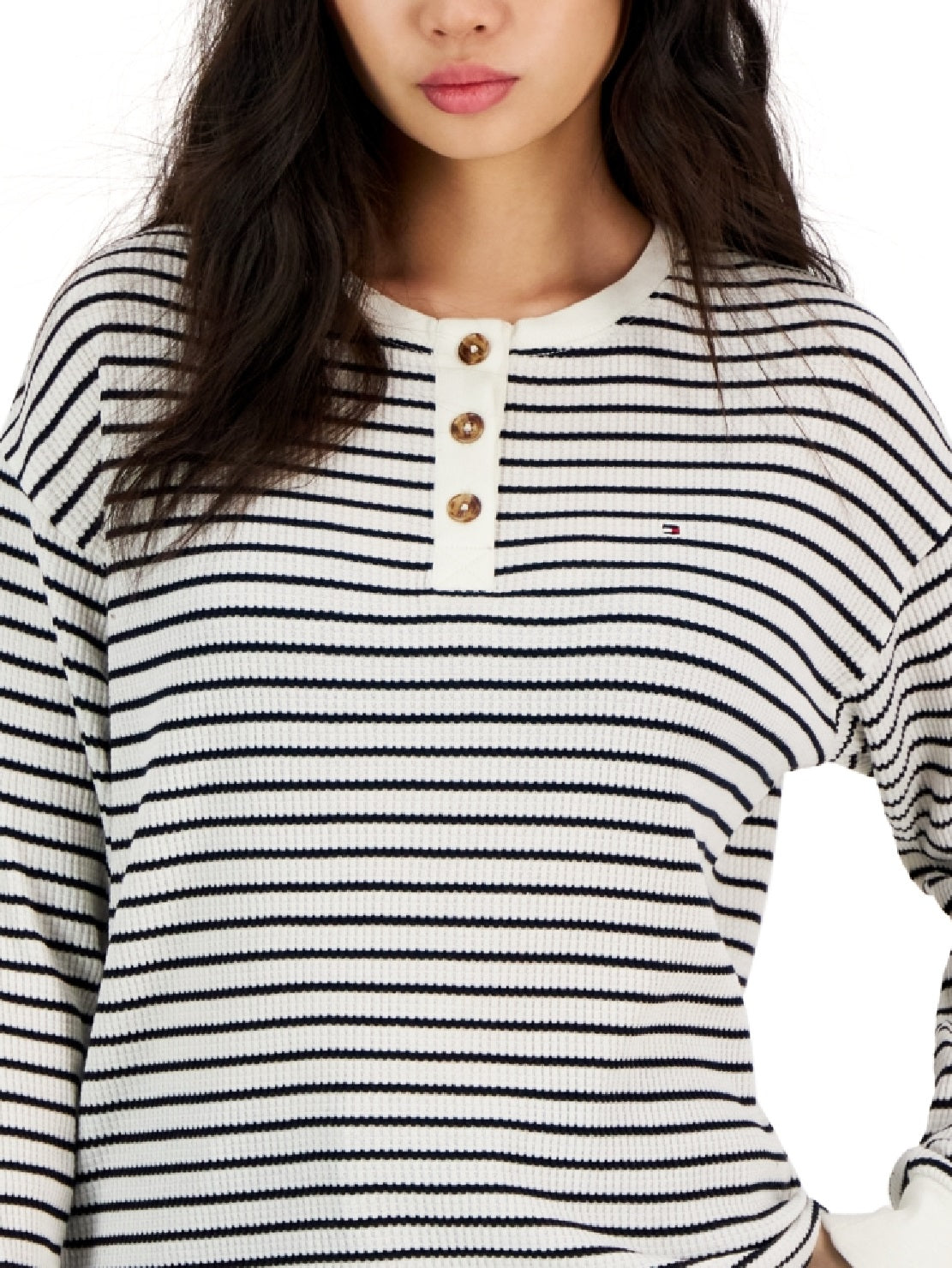 Tommy Hilfiger Top Henley Listrado de Manga Longa Feminino Branco