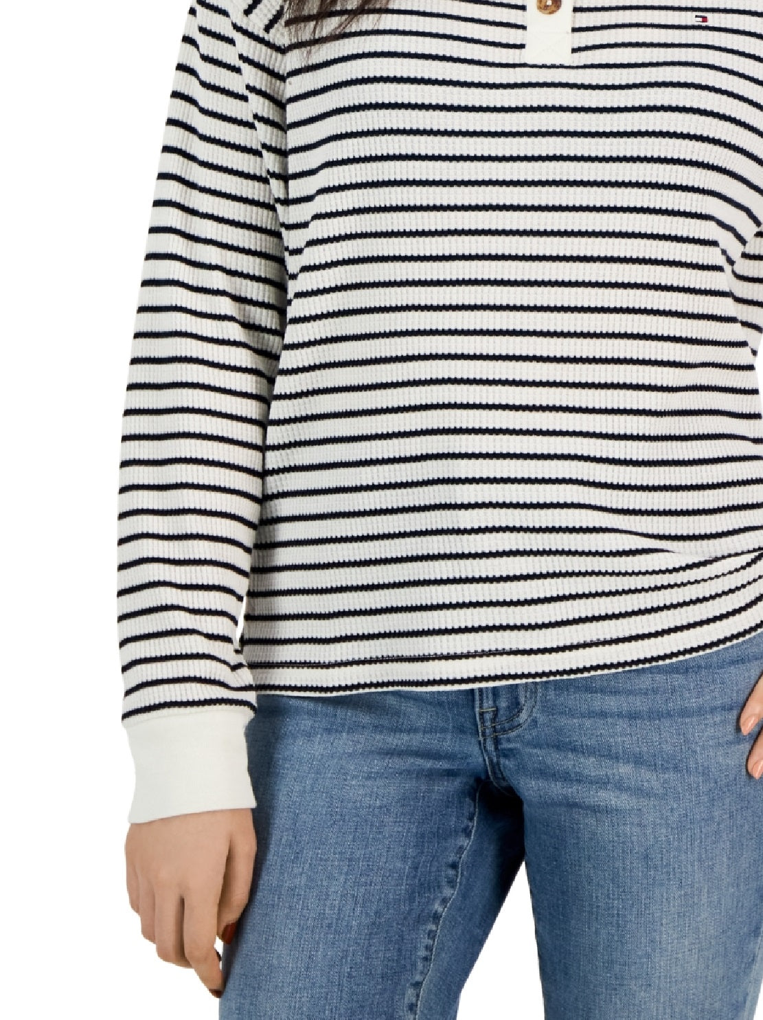 Tommy Hilfiger Top Henley Listrado de Manga Longa Feminino Branco