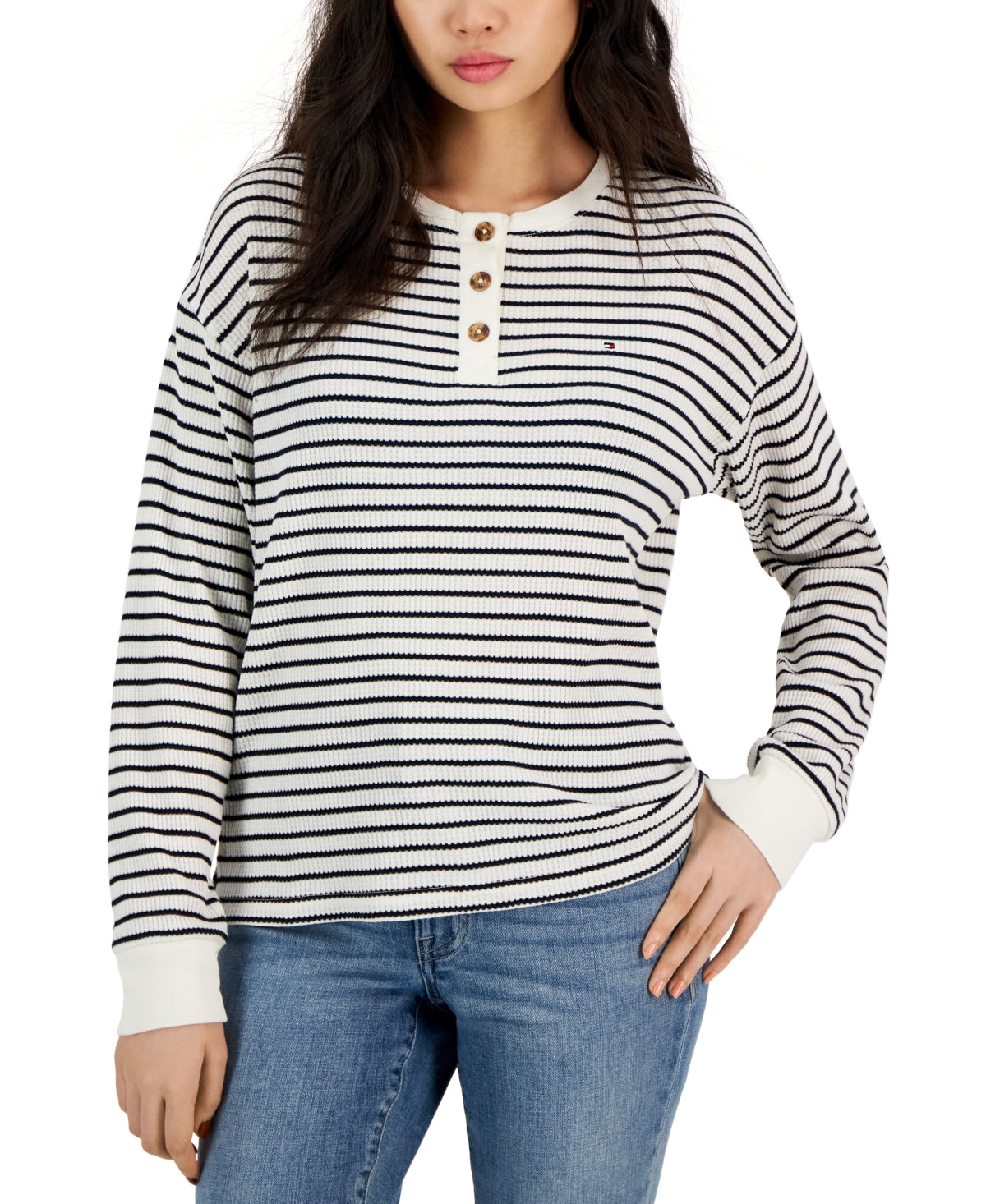Tommy Hilfiger Top Henley Listrado de Manga Longa Feminino Branco