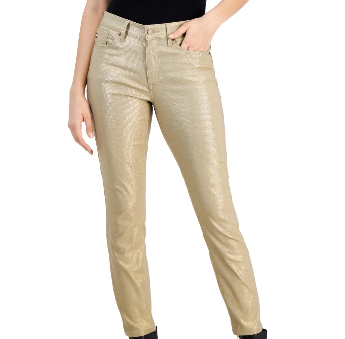 Calça jeans skinny feminina Tommy Hilfiger Tribeca com tornozelo metálico, amarela