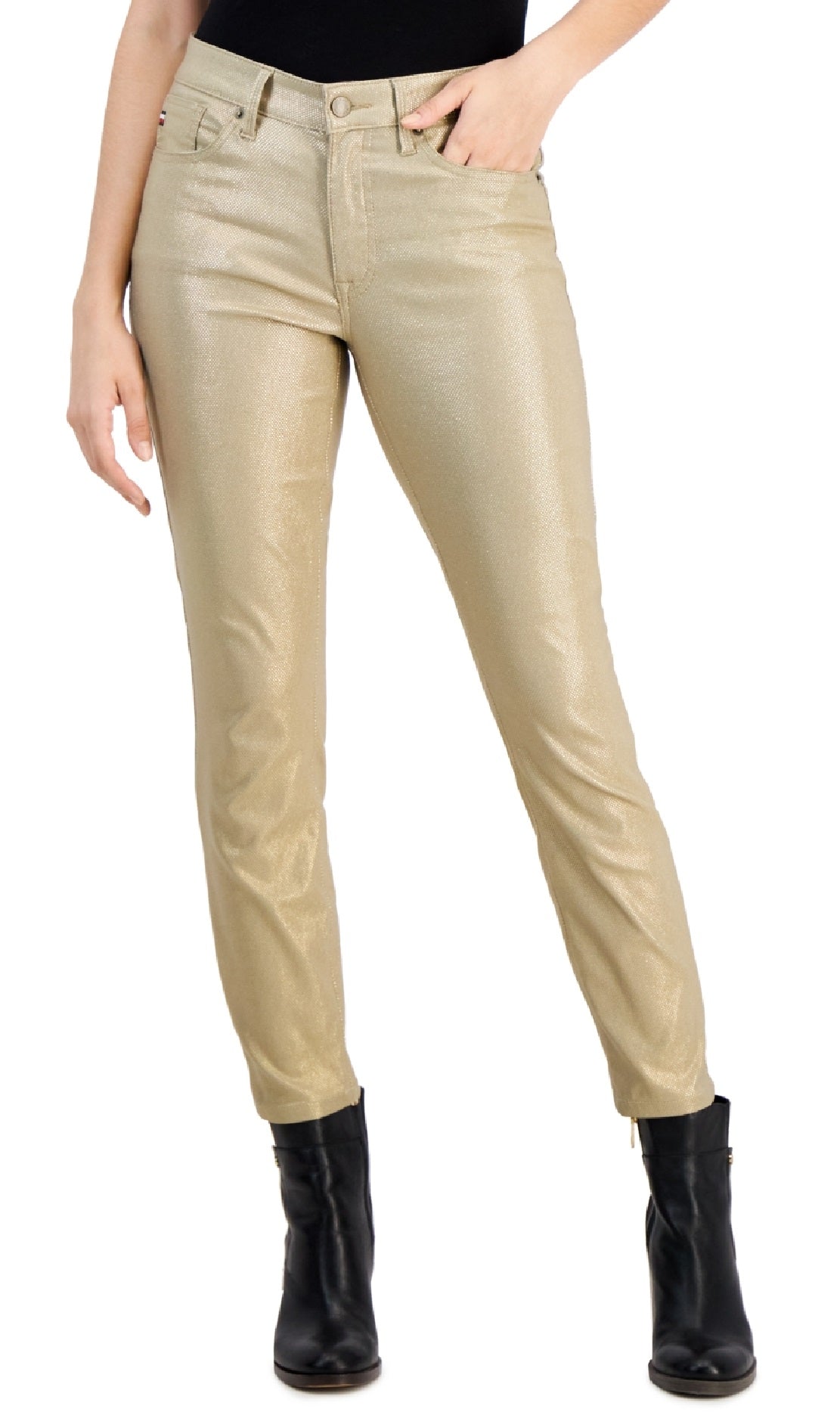 Calça jeans skinny feminina Tommy Hilfiger Tribeca com tornozelo metálico, amarela