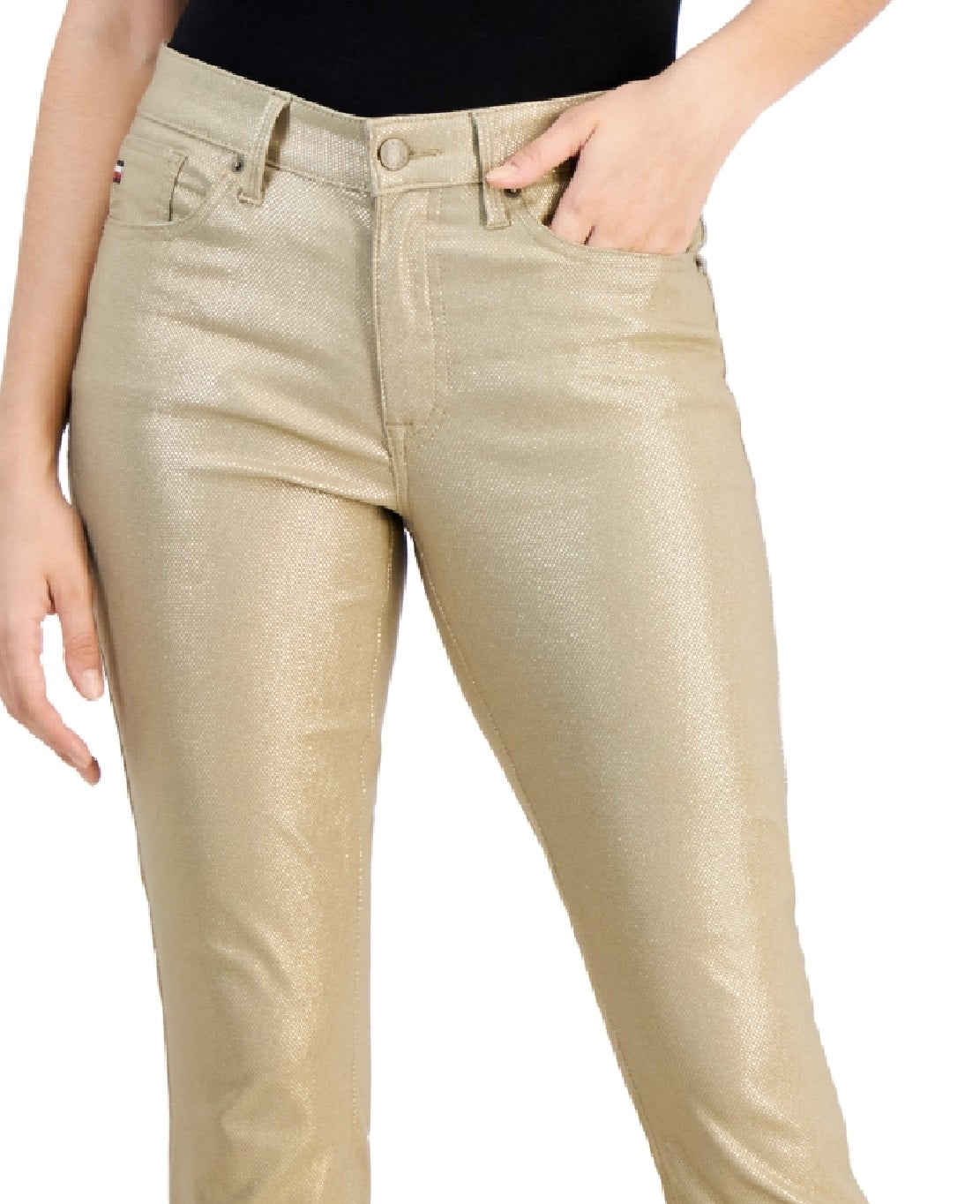 Calça jeans skinny feminina Tommy Hilfiger Tribeca com tornozelo metálico, amarela