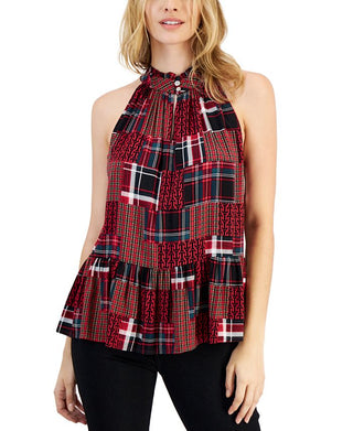Tommy Hilfiger Top Feminino Xadrez Gola Alta Peplum Bainha Vermelho Tamanho X-G