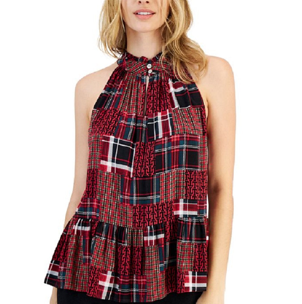 Tommy Hilfiger Top Feminino Xadrez Gola Alta Peplum Bainha Vermelho Tamanho X-G