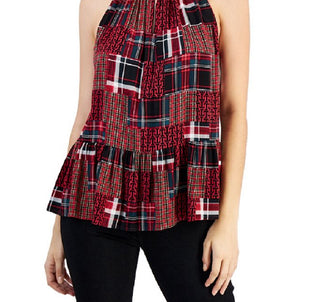 Tommy Hilfiger Top Feminino Xadrez Gola Alta Peplum Bainha Vermelho Tamanho X-G