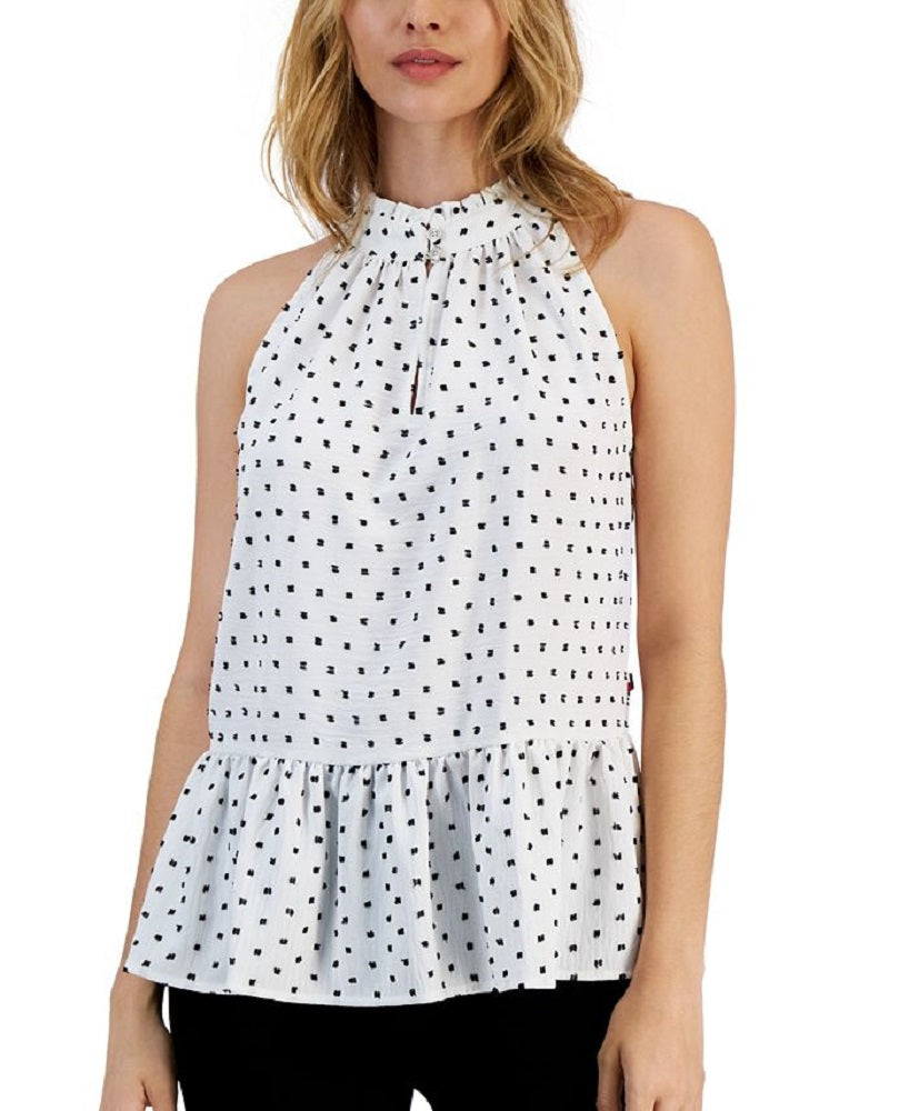 Tommy Hilfiger Blusa Feminina Estampada Sem Mangas com Bainha Peplum Branca