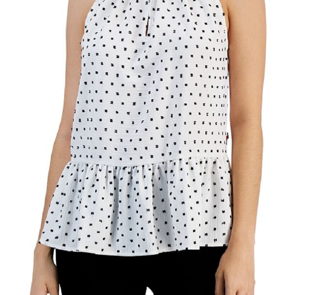 Tommy Hilfiger Blusa Feminina Estampada Sem Mangas com Bainha Peplum Branca