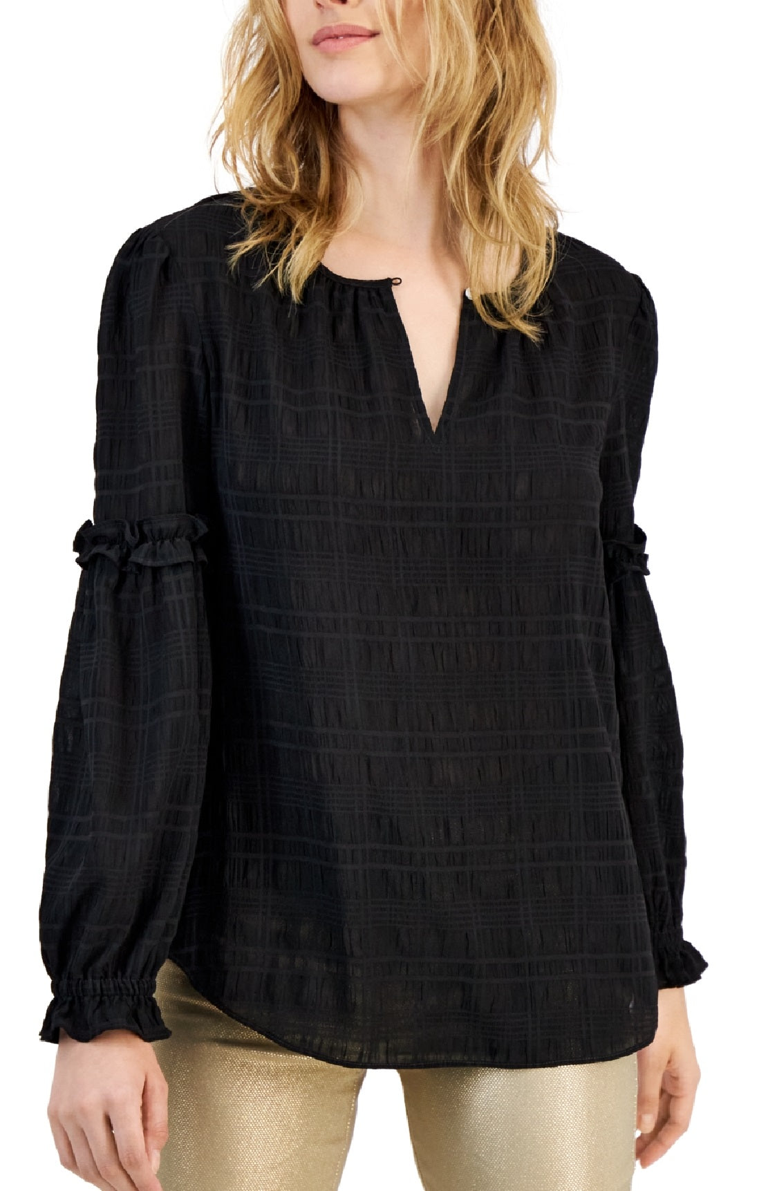 Blusa Tommy Hilfiger Feminina Texturizada com Manga e Babados, Preta, Tamanho X-S