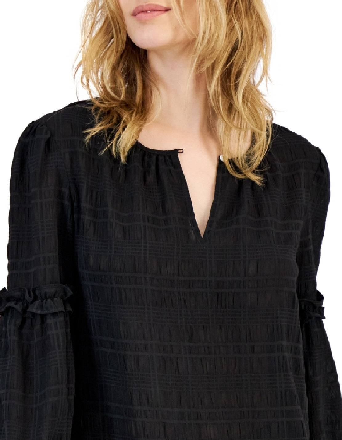 Blusa Tommy Hilfiger Feminina Texturizada com Manga e Babados, Preta, Tamanho X-S