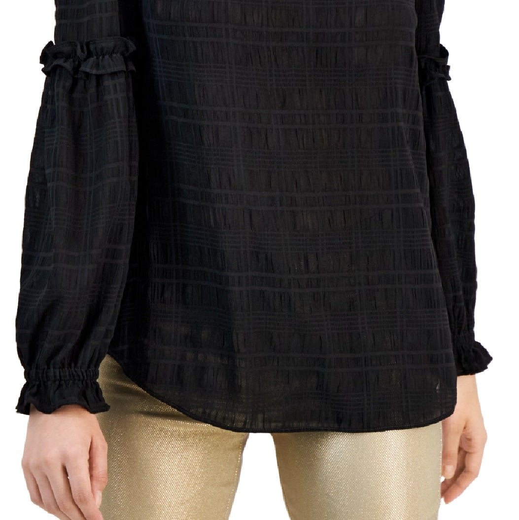 Blusa Tommy Hilfiger Feminina Texturizada com Manga e Babados, Preta, Tamanho X-S