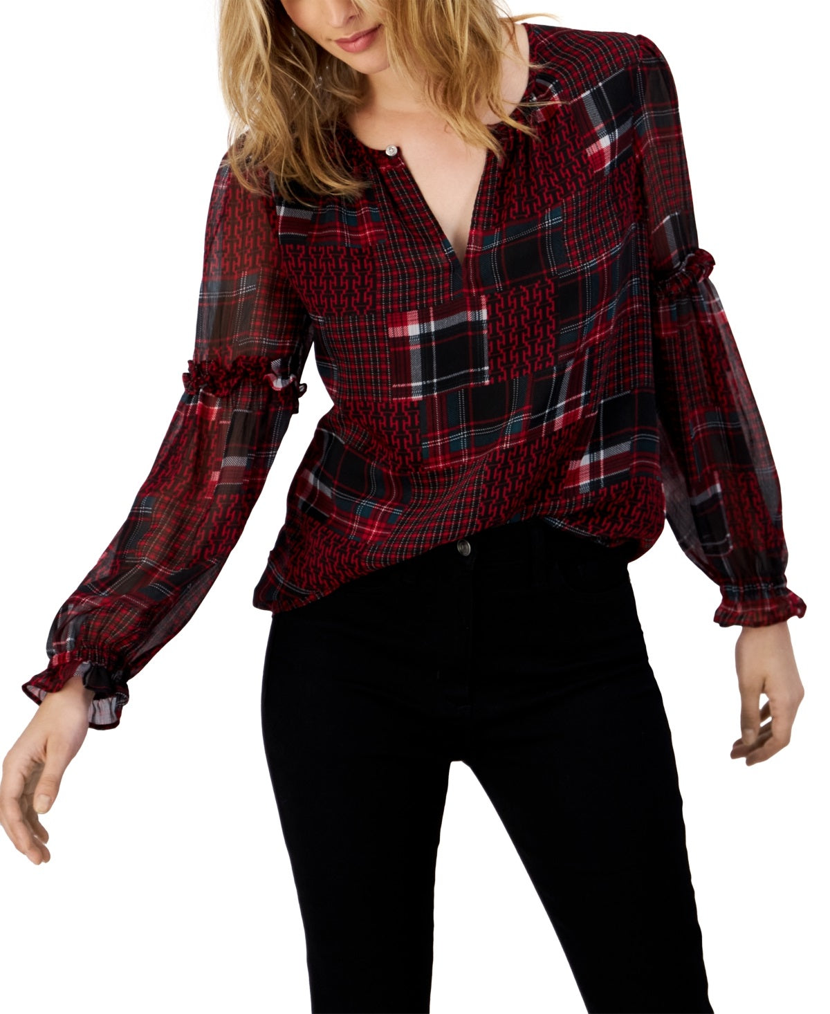 Tommy Hilfiger Blusa Feminina Patchwork Xadrez Manga Babados Vermelha Tamanho XG