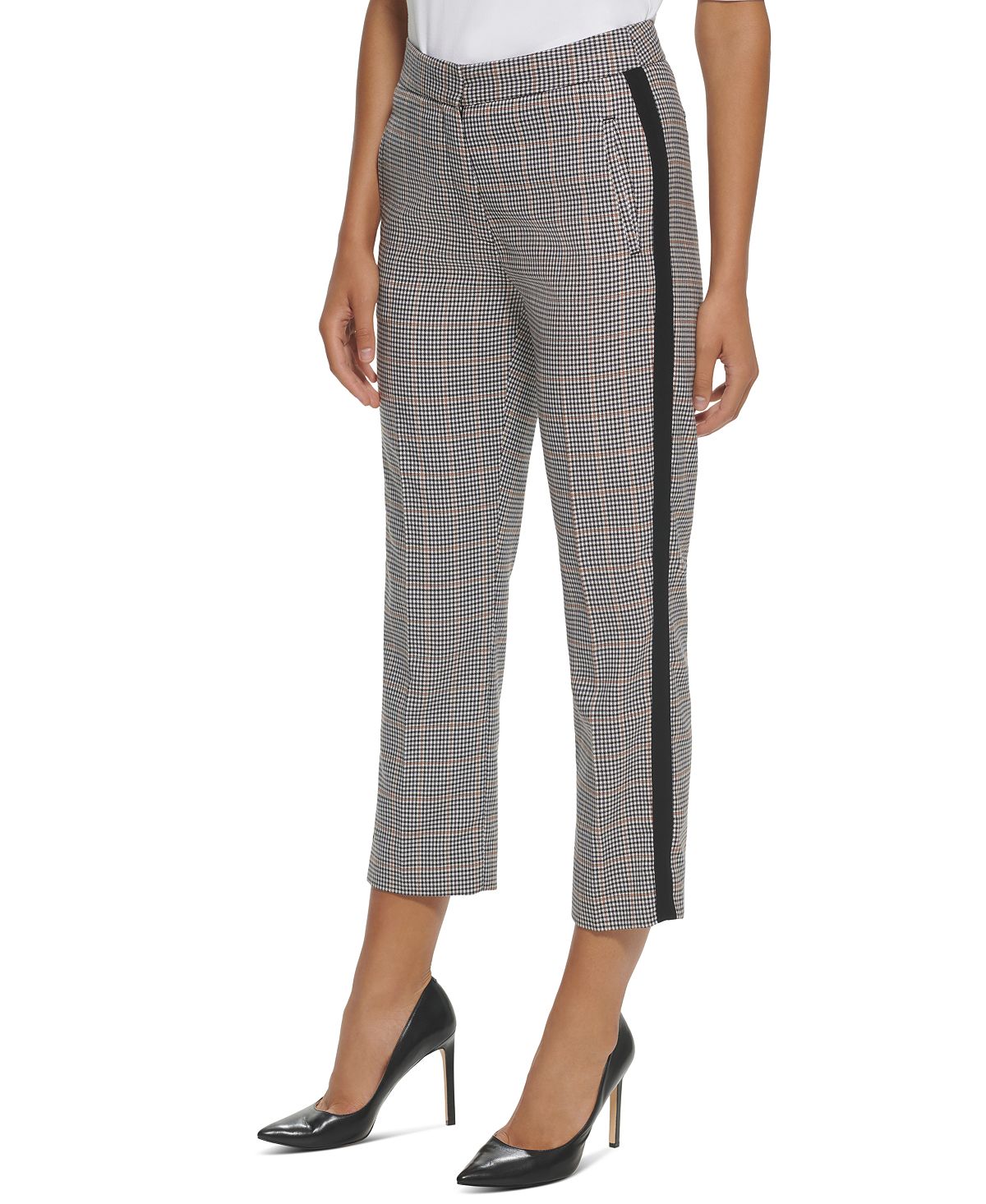 Calça reta feminina Tommy Hilfiger estampada com listras laterais, preta, tamanho 12