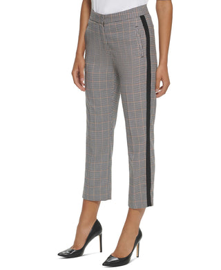 Calça reta feminina Tommy Hilfiger estampada com listras laterais, preta, tamanho 12