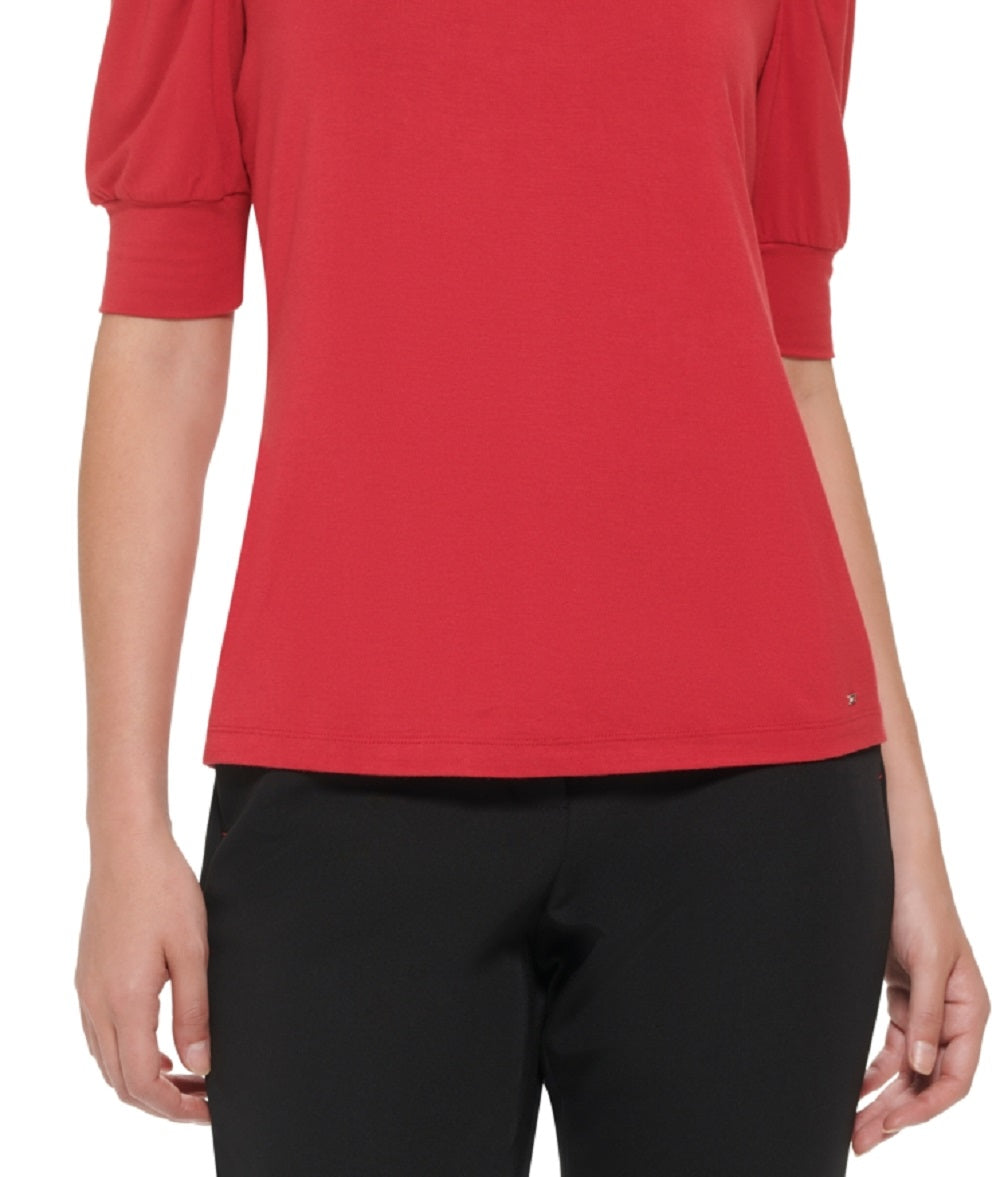 Tommy Hilfiger Blusa Feminina Manga Curta Plissada Ombro a Ombro Vermelho Tamanho Grande