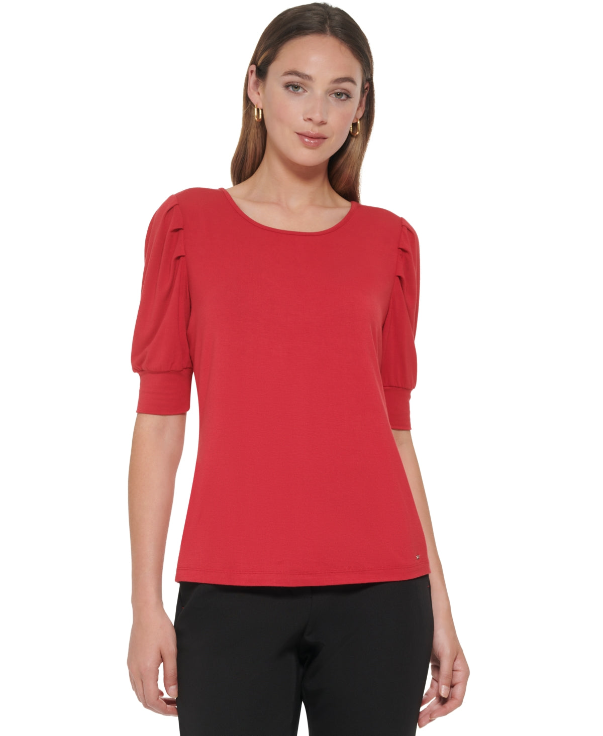 Tommy Hilfiger Blusa Feminina Manga Curta Plissada Ombro a Ombro Vermelho Tamanho Grande