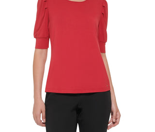 Tommy Hilfiger Top Feminino com Manga Cotovelo e Ombro Plissado Vermelho Tamanho Médio