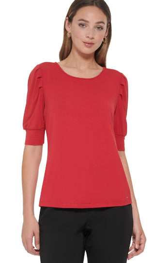 Tommy Hilfiger Top Feminino com Manga Cotovelo e Ombro Plissado Vermelho Tamanho P