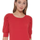 Tommy Hilfiger Top Feminino com Manga Cotovelo e Ombro Plissado Vermelho Tamanho P