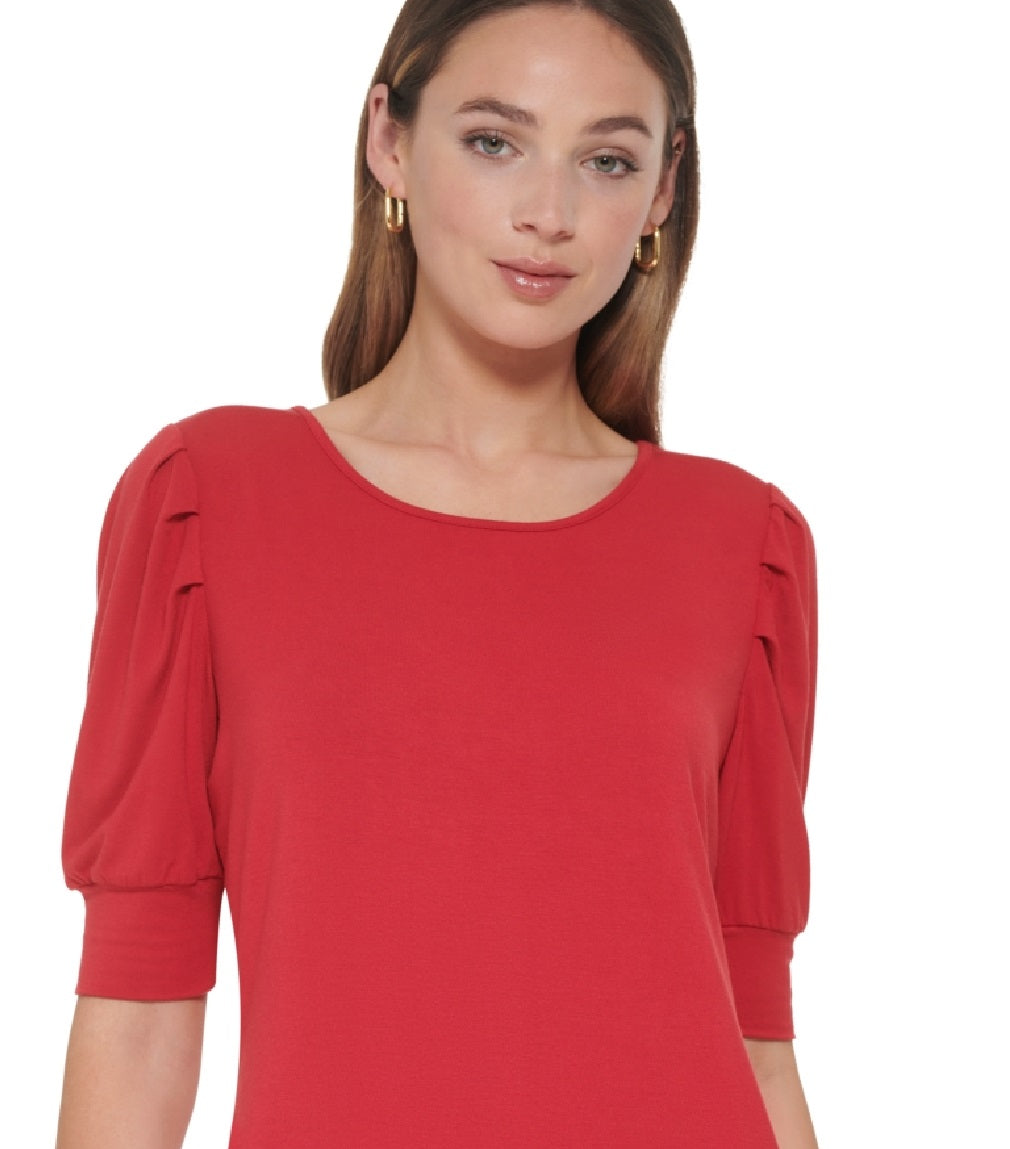 Tommy Hilfiger Top Feminino com Manga Cotovelo e Ombro Plissado Vermelho Tamanho P
