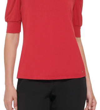 Tommy Hilfiger Top Feminino com Manga Cotovelo e Ombro Plissado Vermelho Tamanho P