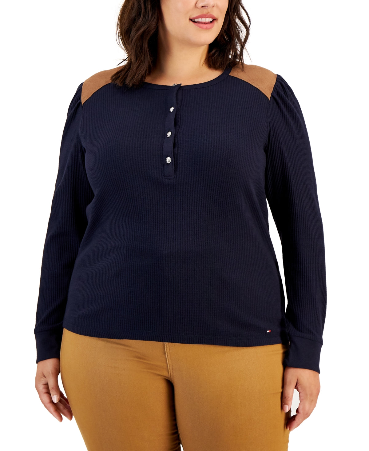 Tommy Hilfiger - Blusa Henley Feminina de Camurça Sintética Azul Tamanho 1X