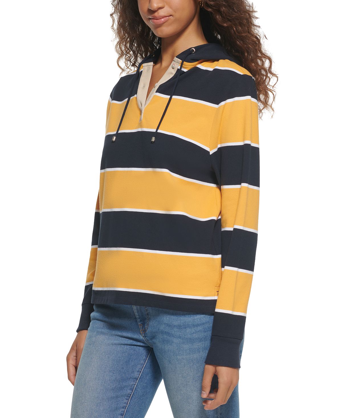Tommy Hilfiger Rugby Stripe Manga Longa com Capuz Feminino Azul Tamanho Grande