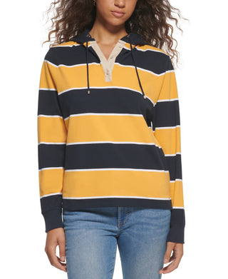 Tommy Hilfiger Rugby Stripe Manga Longa com Capuz Feminino Azul Tamanho Grande