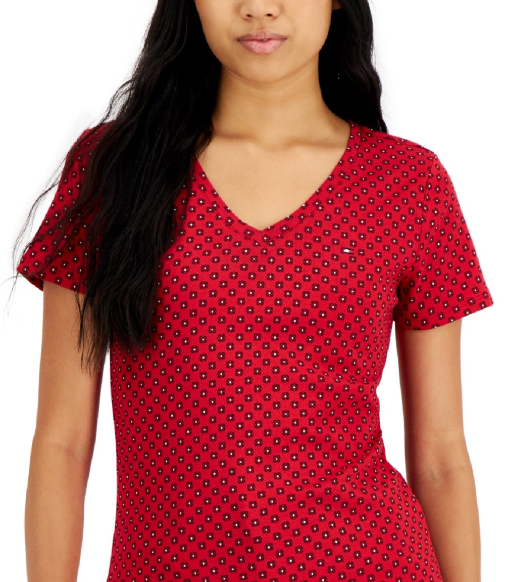 Tommy Hilfiger Foulard de algodão feminino estampado com decote em V, vermelho, tamanho X-S