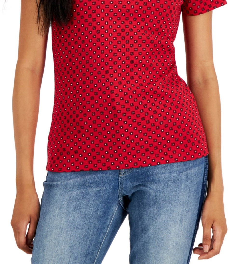 Tommy Hilfiger Foulard de algodão feminino estampado com decote em V, vermelho, tamanho X-S