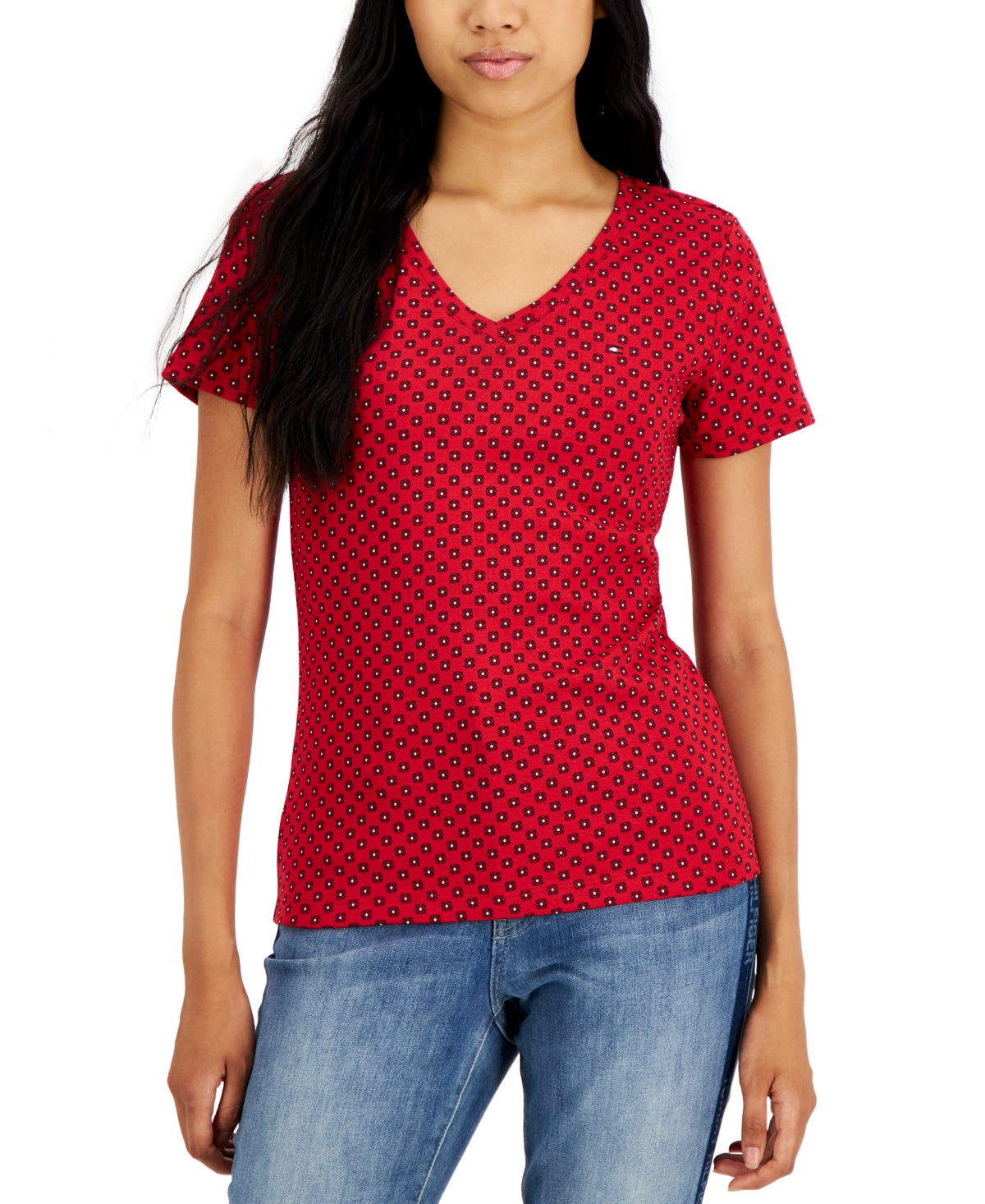 Tommy Hilfiger Foulard de algodão feminino estampado com decote em V, vermelho, tamanho X-S