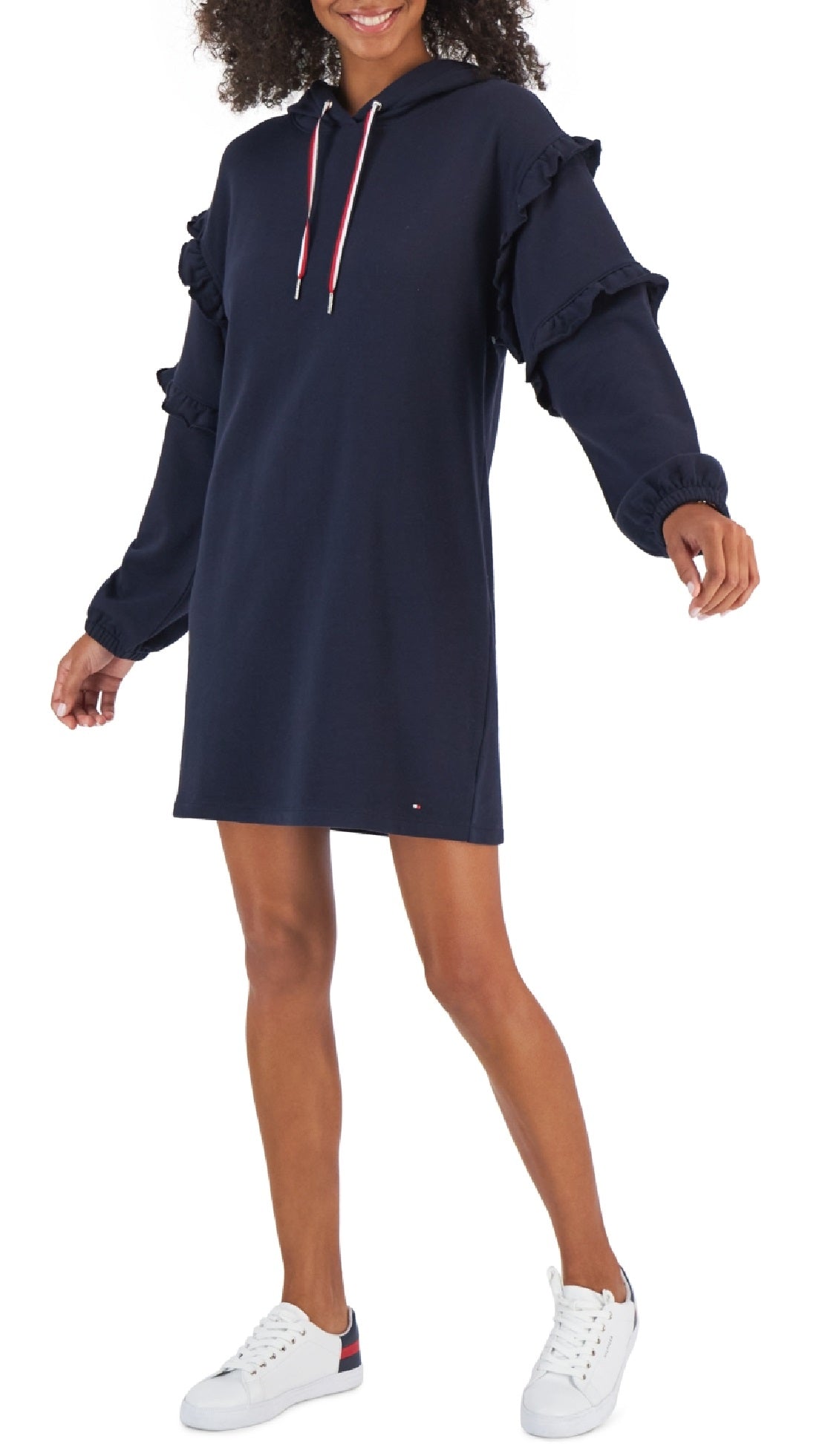 Vestido moletom feminino Tommy Hilfiger com mangas franzidas, azul, tamanho extragrande