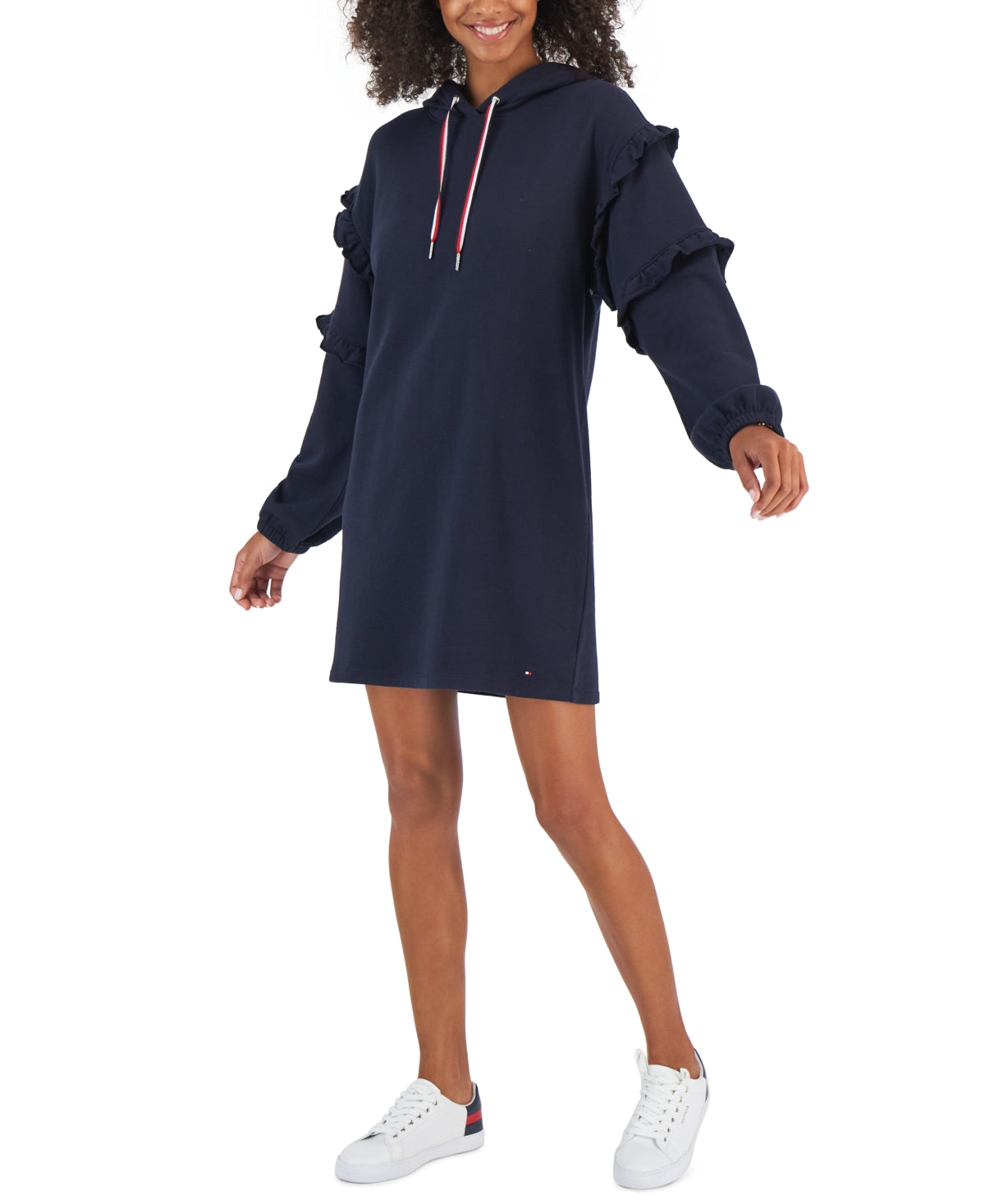 Vestido moletom feminino Tommy Hilfiger com mangas franzidas e bolsos laterais, tamanho P
