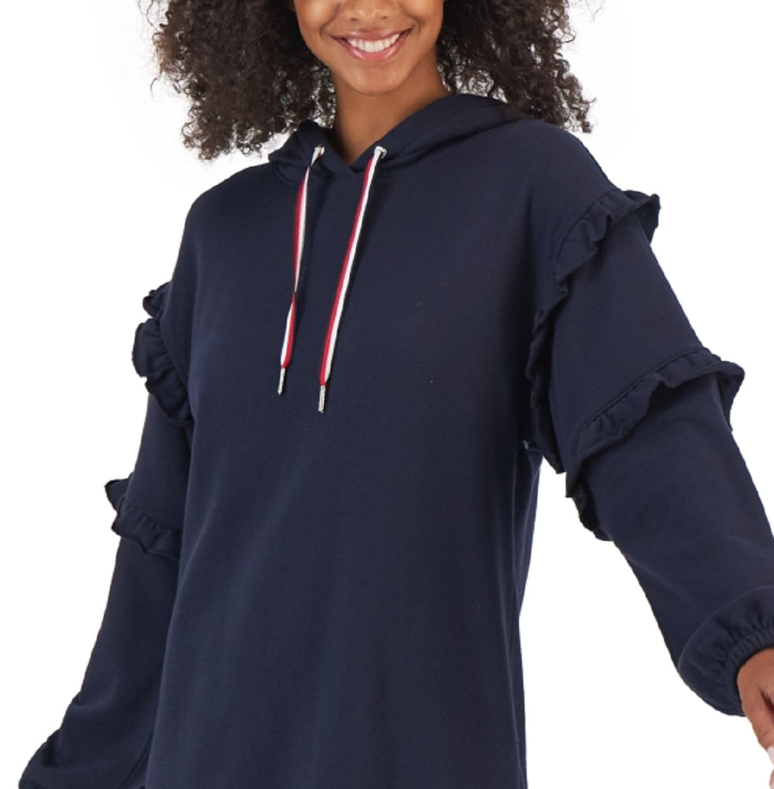 Vestido moletom feminino Tommy Hilfiger com mangas franzidas e bolsos laterais, tamanho P