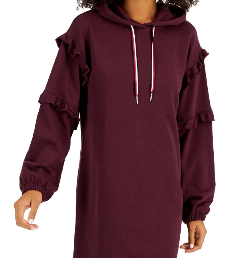 Vestido moletom feminino Tommy Hilfiger com mangas franzidas e tamanho grande, vermelho