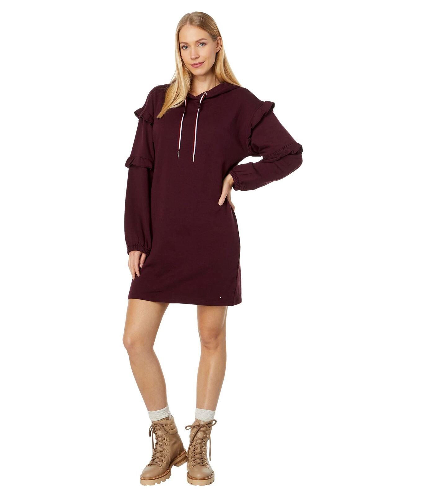 Vestido moletom feminino Tommy Hilfiger com mangas franzidas e estampa de leopardo, tamanho médio