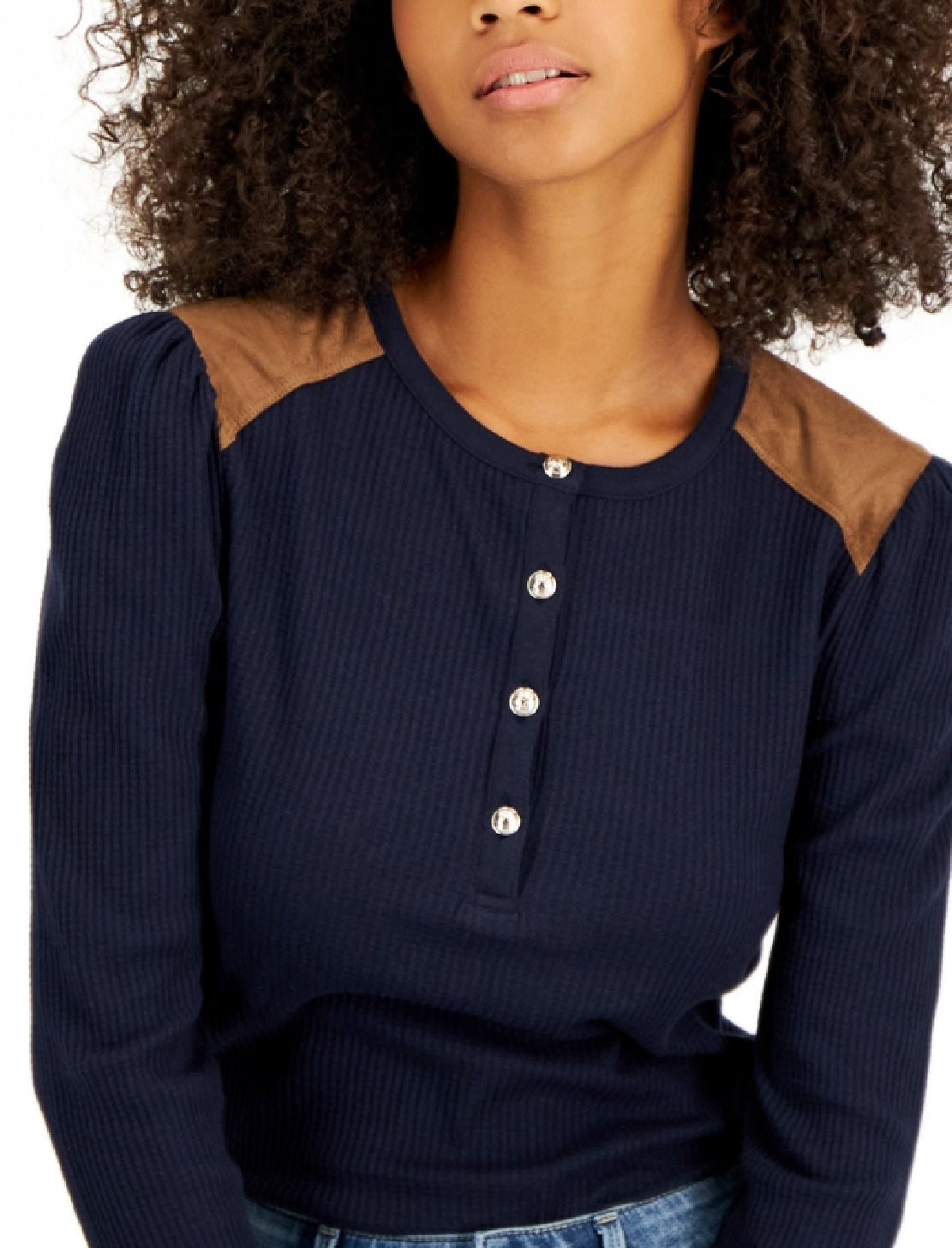 Tommy Hilfiger Feminino Faux Suede Trim Henley Top Azul