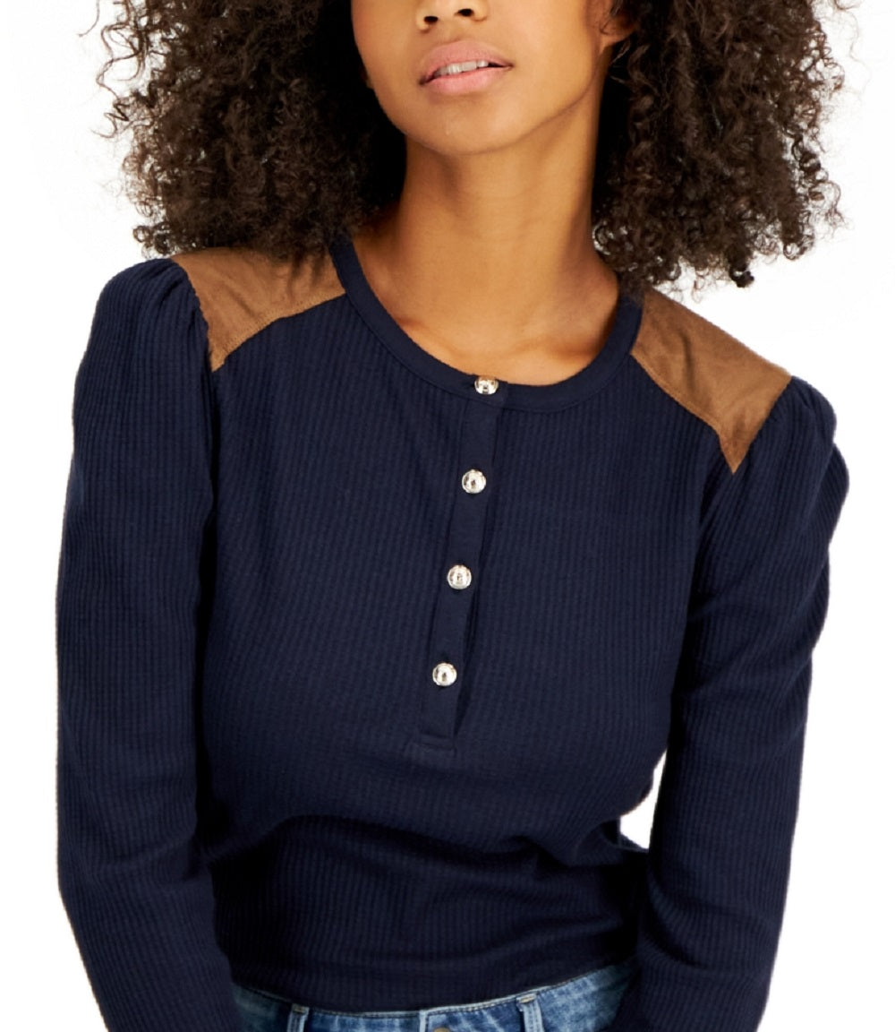 Tommy Hilfiger Feminino Faux Suede Trim Henley Top Azul Tamanho P